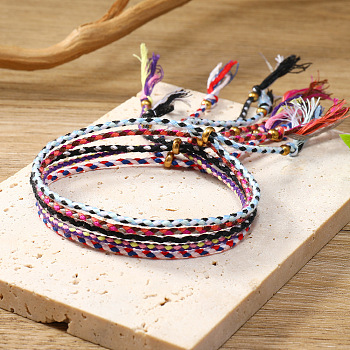 5Pcs 5 Colors Cotton Woven Braided Cord Bracelets Set, Adjustable Bohemian Ethnic Tribal Stackable Bracelets for Women, Black, Inner Diameter: 2-1/8~2-3/4 inch(5.3~7cm), 1Pc/color