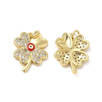 Brass Micro Pave Cubic Zirconia Pendants, with Enamel Evil Eye & Jump Ring, Clover Charm, Golden, Red, 20.5x16.5x3.8mm, Hole: 3.3mm