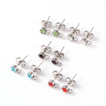304 Stainless Steel Stud Earring Findings, with Loop, with Rhinestone, Mixed Color, 4mm, Hole: 1.8mm, Pin: 0.6mm