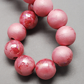 Handmade Porcelain Beads, Pearlized, Round, Hot Pink, 8mm, Hole: 2mm