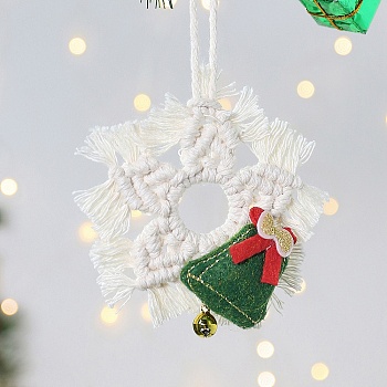 Christmas Theme Snowflake Knitting Pendant Decorations, with Cotton Cord & Bell, Creamy White, 200mm
