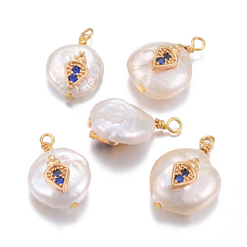 Natural Cultured Freshwater Pearl Pendants, with Brass Micro Pave Cubic Zirconia Findings, Nuggets with Radish, Golden, Dark Blue, 17~26x11~16x5~11mm, Hole: 1.6~2mm