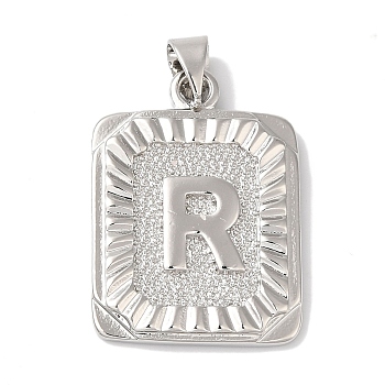 Rack Plating Brass Pendants, Long-Lasting Plated, Lead Free & Cadmium Free, Square with Letter Charms, Letter R, 24x17x2.5mm, Hole: 4x3.5mm