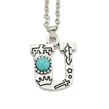 Letter A~Z Antique Silver Plated Alloy with Synthetic Turquoise Pendant Necklaces, with Iron Cable Chains, Letter U, 18.70 inch(475mm), Letter U: 25x20mm