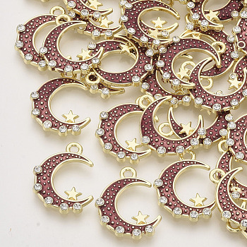 Alloy Enamel Pendants, with Crystal Rhinestone, Light Gold, Moon with Star, Brown, 20x16x2.5mm, Hole: 1.8mm