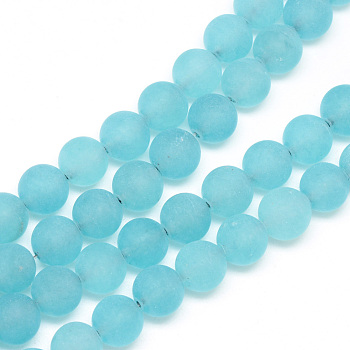 Natural White Jade Bead Strands, Dyed, Frosted, Round, Turquoise, 8~9mm, Hole: 1mm, about 46~48pcs/strand, 14.9 inch