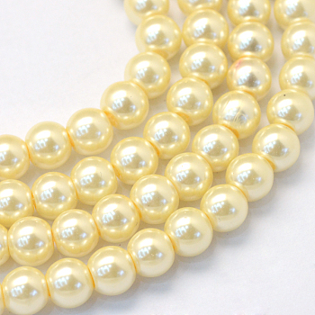 Baking Painted Pearlized Glass Pearl Round Bead Strands, Lemon Chiffon, 8~9mm, Hole: 1mm, about 105pcs/strand, 31.4 inch