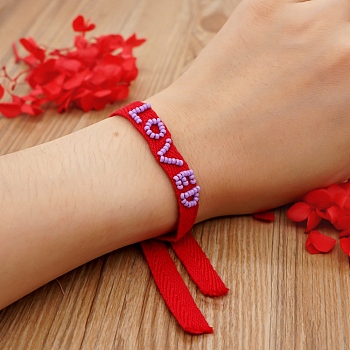Word Loved Beaded Cord Bracelet, Red Lucky Adjustable Bracelet for Women, Pearl Pink, 14-1/8 inch(36cm)
