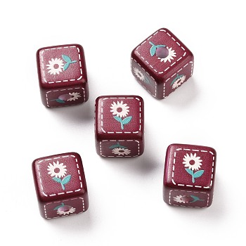 Opaque Printed Acrylic Beads, Cube with Flower Pattern, Turquoise, 13.5x13.5x13.5mm, Hole: 3.8mm