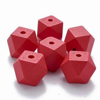 Painted Natural Wood Beads, Polygon, Red, 15.5x16x16mm, Hole: 3.5mm