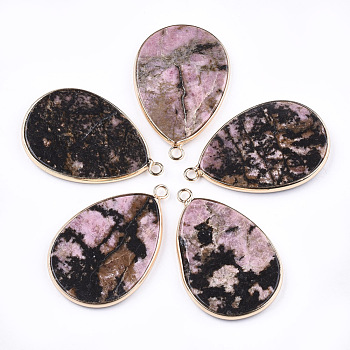 Natural Rhodonite Pendants, with Brass Findings, teardrop, Golden, 39x25x3mm, Hole: 2mm