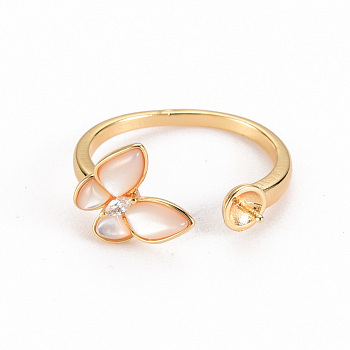 Brass Peg Bails Cuff Finger Ring Settings, with Natural Shell, for Half Drilled Bead, Nickel Free, Butterfly, Real 18K Gold Plated, US Size 7 1/4(17.5mm), Pin: 0.7mm