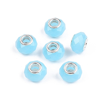 Imitation Jade Glass European Beads, Large Hole Beads, with Brass Cores, Faceted, Rondelle, Sky Blue, 13.5~14x9~9.5mm, Hole: 5mm