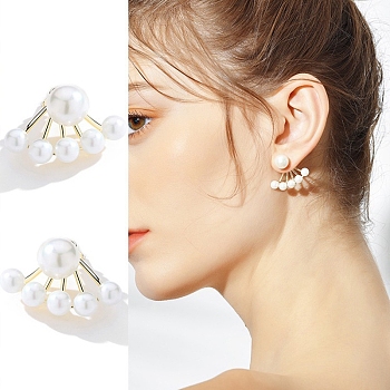 Alloy Imitation Pearl Stud Earrings for Women, with 925 Sterling Silver Pin, Fan, 18x12mm