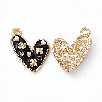 Alloy Enamel Pendants, with ABS Imitation Pearl Beads, Light Glod, Heart with Flower Charm, Black, 21x14.5x4mm, Hole: 1.6mm