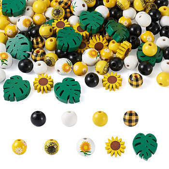 120Pcs 9 Styles Painted Natural Wood Beads, Round & Leaf & Sunflower, Mixed Color, 16~19.5x16~28x8~18mm, Hole: 2.5~4.5mm