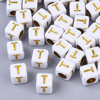 Plating Acrylic Beads, Horizontal Hole, Golden Metal Enlaced, Alphabet Style, Cube, Letter.T, 5.5~6x5.5~6x5.5~6mm, Hole: 3.5mm, about 3000pcs/500g