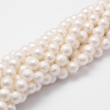 Shell Pearl Bead Strands, Grade A, Faceted Round, Floral White, 6mm, Hole: 1mm, about 62pcs/strand, 16 inch