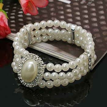 Gift for Valentines Day to Girlfriend Acrylic Pearl Wedding Bracelets, with Brass Rhinestone Bead and Alloy Rhinestone Cabochons, Stretchy, White, 50mm