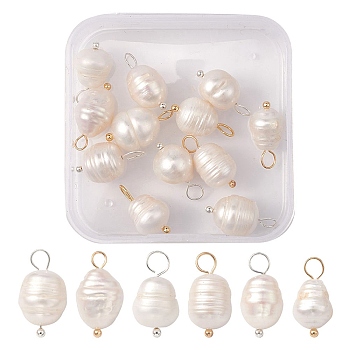 12Pcs 2 Colors Natural Cultured Freshwater Pearl Pendants, Rice Charms, with Brass Loops, Golden & Silver, 16~17mm, Hole: 3mm, 6pcs/color