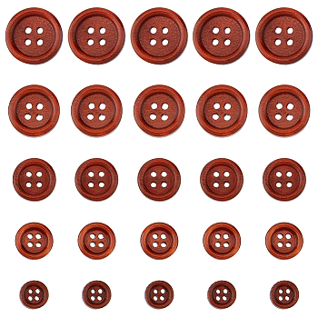 300Pcs 5 Style 4-Hole Wooden Buttons, Flat Round, Coconut Brown, 10~20x3.5~4mm, Hole: 1.4~2mm, 60pcs/style