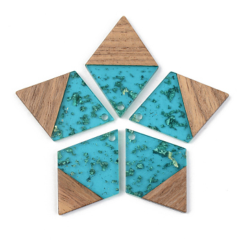 Transparent Resin & Walnut Wood Pendants, with Gold Foil, Rhombus, Dark Turquoise, 34x24x3mm, Hole: 2mm