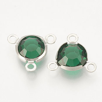 Glass Charms, with 304 Stainless Steel Finding, Flat Round, Faceted, Stainless Steel Color, Green, 12x13x4mm, Hole: 1.5mm