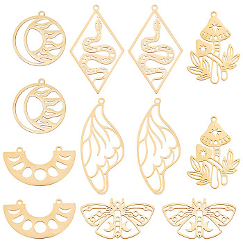 12Pcs 6 Style 201 Stainless Steel Pendants, Laser Cut, Mixed Shapes, Golden, 18~45x20~36x1mm, Hole: 1.5~1.6mm, 2pcs/style