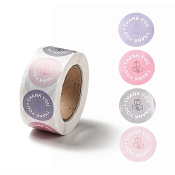 Flat Round Rose Pattern Thank You Paper Stickers Roll, Self-Adhesive Gift Tag for Seal Top Decoration, Mixed Color, 66x27mm, Stickers: 25mm in diameter, 500pcs/roll