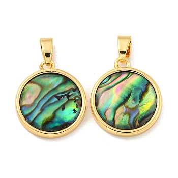 Natural Paua Shell Pendants, Rack Plating Brass Flat Round Charms, Real 18K Gold Plated, 18x15x3mm, Hole: 5x3mm