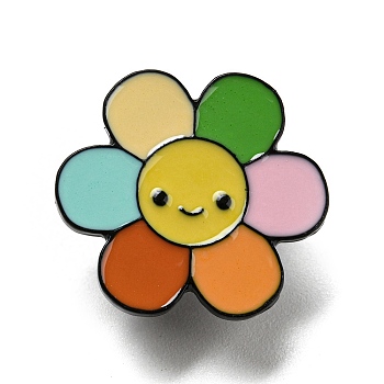 Enamel Pins, Electrophoresis Black Plated Alloy Brooch, Smiling Face, Flower, 24.5x24.5x1.5mm