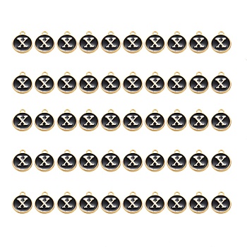 Golden Plated Alloy Charms, with Enamel, Enamelled Sequins, Flat Round, Black, Letter.X, 14x12x2mm, Hole: 1.5mm, 50pcs/Box