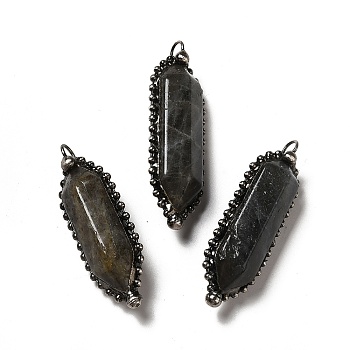 Natural Labradorite Big Pendants, Faceted Bullet Charms, with Antique Silver Tone Brass Chain and Stannum, Lead Free & Cadmium Free, 52~57x17~17.5x13~13.5mm, Hole: 4mm