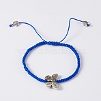 Adjustable Nylon Cord Braided Bead Bracelets, with Antique Silver Plated Tibetan Style Alloy Beads, Flower and Butterfly, Blue, 2-1/8 inch~3-3/8 inch(5.4~8.6cm)(BJEW-TA0001-04J)
