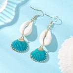 Natural Mixed Cowrie Shell Dangle Earrings, with Electroplate Sea Shell Pendants, Light Gold, Sky Blue, 68x22mm(EJEW-JE07223)