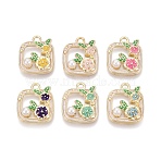 Alloy Enamel Pendants, Square & Flower Charms, with ABS Imitation Pearl, Light Gold, Mixed Color, 19x16x4.5mm, Hole: 2mm(ENAM-N069-13KCG)