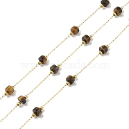 Ion Plating(IP) 304 Stainless Steel Link Chains, Natural Tiger Eye Beads & Spool, Soldered, Real 18K Gold Plated, 8x4mm, about 32.81 Feet(10m)/Roll(CHS-A010-03G-09)