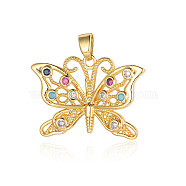Brass Micro Pave Colorful Cubic Zirconia Pendants, Butterfly Charms, Real 18K Gold Plated, 25x18x2.1mm(ZIRC-OY011-01G)