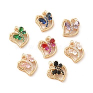 Brass with K9 Glass Pendants, Golden Peach Hearts with Butterfly Charms, Mixed Color, 18x14.8x5mm, Hole: 1.4mm(KK-B071-07G)