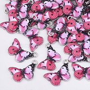 Printed Alloy Pendants, with Enamel, Butterfly, Platinum, Deep Pink, 13.5x20x2mm, Hole: 1.6mm(PALLOY-R111-21)