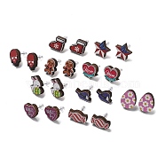 Wood Stud Earrings, with Silicone Ear Nut, Candy/Heart/Egg/Star/Rabbit/Heart/Witch Hat/Christmas Socking/Human, Mixed Color, 12~17x12~16mm(EJEW-XCP0001-14)