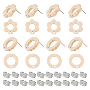 32Pcs 2 Style Donut & Flower Natural Ash Wood Stud Earring Findings, with 304 Stainless Steel Pin & 32pcs Ear Nuts, BurlyWood, Earring: 18x16.5~18mm, Hole: 1.8mm, Pin: 0.7mm, 16Pcs/style(EJEW-UN0002-28)