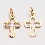 Brass Tiny Cross Charms, Cadmium Free & Nickel Free & Lead Free, Real 18K Gold Plated, 12x8x1mm, Hole: 3mm(KK-G258-02-NR)