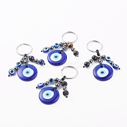 Flat Round Evil Eye Lampwork Keychain, with Gemstone Beads, Resin Beads and 316 Surgical Stainless Steel Split Key Rings, Hamsa Hand, Blue, 8cm(KEYC-JKC00243)