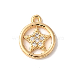 Brass Micro Pave Clear Cubic Zirconia Charms, Nickle Free, Flat Round with Star, Real 18K Gold Plated, 14x11x2mm, Hole: 1.2mm(KK-M294-29G)