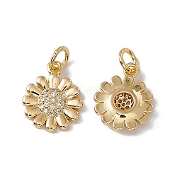 Brass Micro Pave Clear Cubic Zirconia Charms, with Jump Ring, Cadmium Free & Nickel Free & Lead Free, Rack Plating, Sunflower, Real 18K Gold Plated, 14x11x2.5mm, Hole: 3mm(KK-G439-33G)