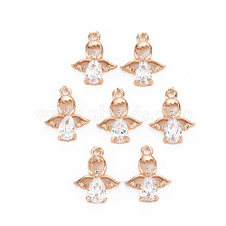 Rack Plating Brass Micro Pave Clear Cubic Zirconia Charms, Long-Lasting Plated, Cadmium Free & Lead Free, Angel, Light Gold, 14x11x3.5mm, Hole: 1.2mm(KK-T060-47-RS)