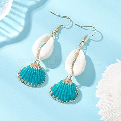 Natural Mixed Cowrie Shell Dangle Earrings, with Electroplate Sea Shell Pendants, Light Gold, Sky Blue, 68x22mm(EJEW-JE07223)
