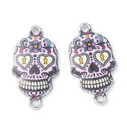 Alloy Enamel Links Connectors, Sugar Skull, for Mexico Holiday Day of the Dead, Platinum, Pearl Pink, 25.5x13.5x2.5mm, Hole: 1.6mm(ENAM-F140-02C-P)