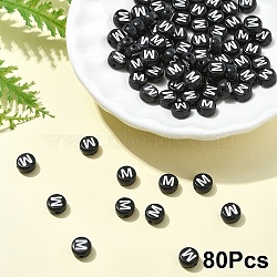 Opaque Acrylic Horizontal Hole Beads, with Enamel, Flat Round, Letter M, 7x4mm, Hole: 1.5mm(SACR-YW0001-70M)